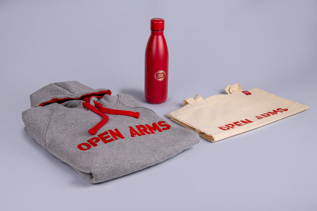 Pack de productos Salvavidas con Sudadera, Tote bag y Botella Open Arms